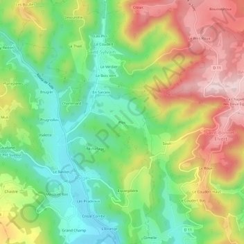 Mapa topográfico Plos, altitud, relieve