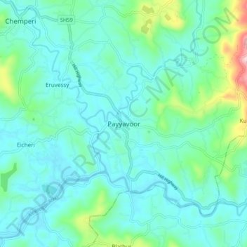Mapa topográfico Payyavoor, altitud, relieve