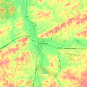 Mapa topográfico Sevierville, altitud, relieve