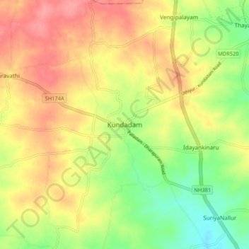 Mapa topográfico Kundadam, altitud, relieve