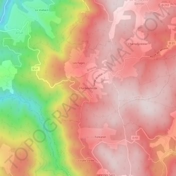 Mapa topográfico Charbounouze, altitud, relieve