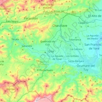 Mapa topográfico Cúa, altitud, relieve