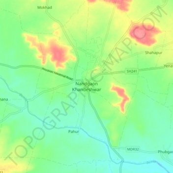 Mapa topográfico Nandgaon Khandeshwar, altitud, relieve