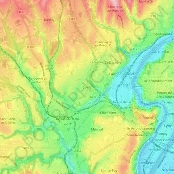 Mapa topográfico Écully, altitud, relieve