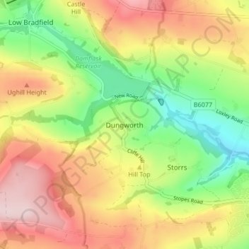 Mapa topográfico Dungworth, altitud, relieve