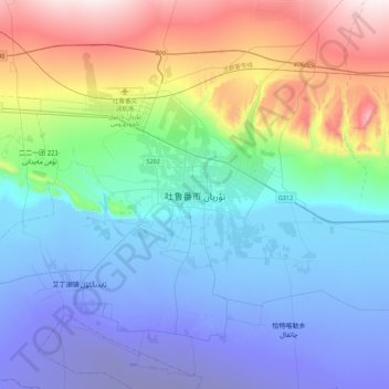 Mapa topográfico Turpan, altitud, relieve