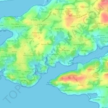 Mapa topográfico Guernevez, altitud, relieve