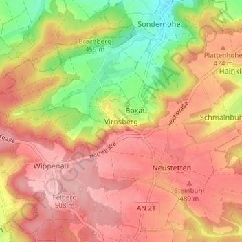 Mapa topográfico Virnsberg, altitud, relieve