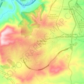 Mapa topográfico Ali Mendjeli, altitud, relieve
