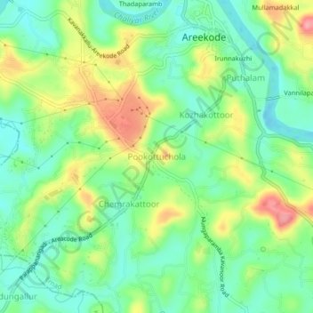 Mapa topográfico Pookottuchola, altitud, relieve