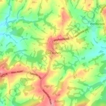 Mapa topográfico Five Ashes, altitud, relieve