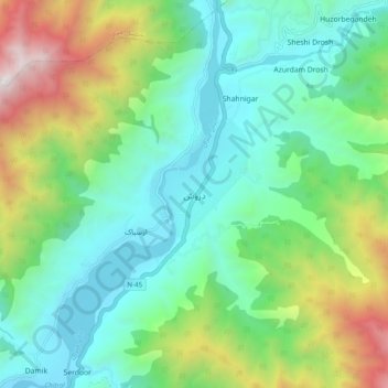 Mapa topográfico Drosh, altitud, relieve