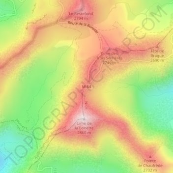 Mapa topográfico Col de la Bonette, altitud, relieve