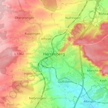 Mapa topográfico Herrenberg, altitud, relieve
