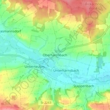 Mapa topográfico Oberharnsbach, altitud, relieve
