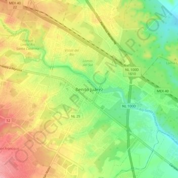 Mapa topográfico Benito Juárez, altitud, relieve