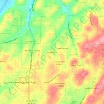 Mapa topográfico Centercrest, altitud, relieve