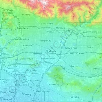 Mapa topográfico El Monte, altitud, relieve