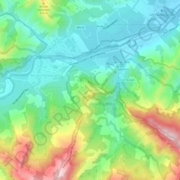 Mapa topográfico Tossignano, altitud, relieve