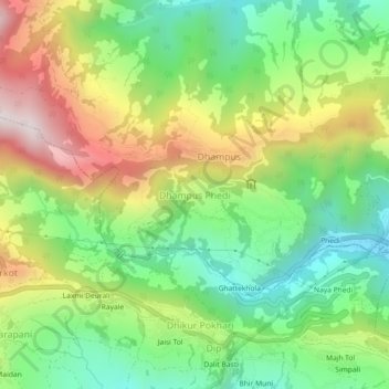 Mapa topográfico Dhampus Phedi, altitud, relieve