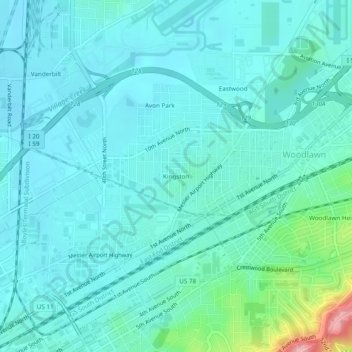 Mapa topográfico Kingston, altitud, relieve