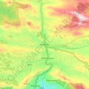Mapa topográfico Munnar, altitud, relieve