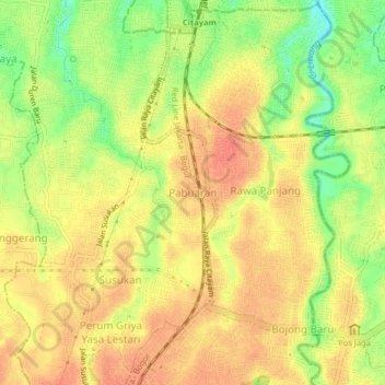 Mapa topográfico Pabuaran, altitud, relieve