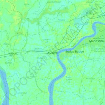 Mapa topográfico Uluberia, altitud, relieve