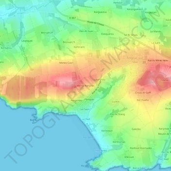 Mapa topográfico Menez Kergreis, altitud, relieve