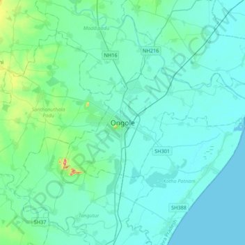Mapa topográfico Ongole, altitud, relieve
