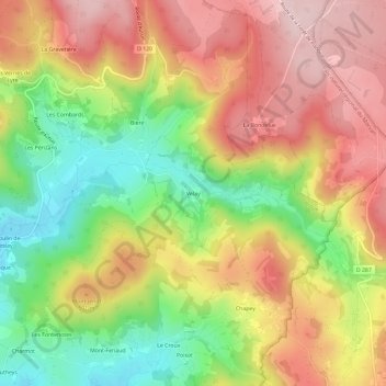 Mapa topográfico Velay, altitud, relieve