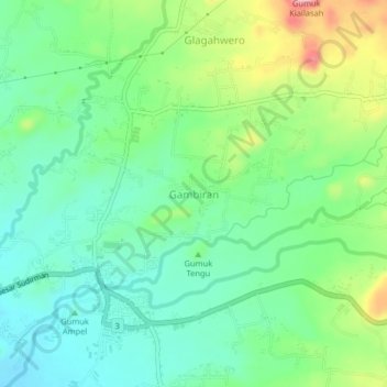 Mapa topográfico Gambiran, altitud, relieve
