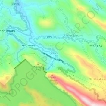 Mapa topográfico Idukki, altitud, relieve