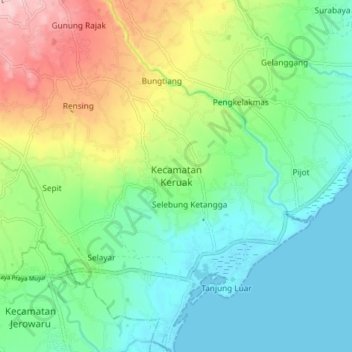 Mapa topográfico Kecamatan Keruak, altitud, relieve