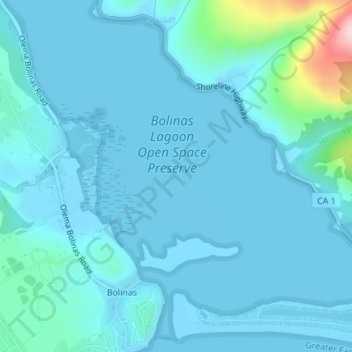 Mapa topográfico Bolinas Lagoon, altitud, relieve