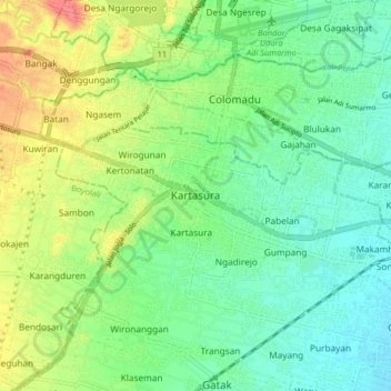 Mapa topográfico Kartasura, altitud, relieve