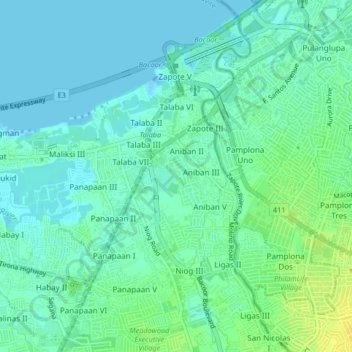 Mapa topográfico Aniban 1, altitud, relieve