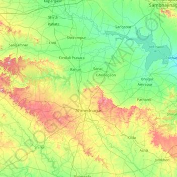Mapa topográfico Ahmadnagar, altitud, relieve