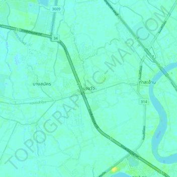 Mapa topográfico Bang Wua, altitud, relieve