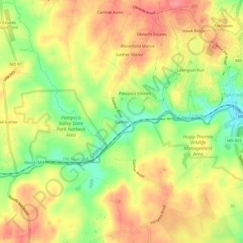 Mapa topográfico Gaither, altitud, relieve