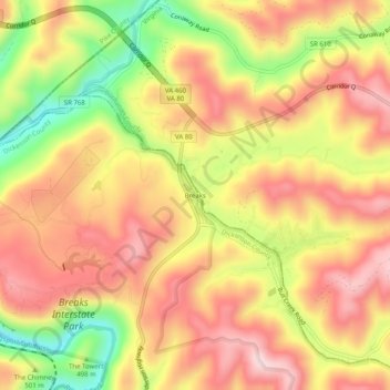 Mapa topográfico Breaks, altitud, relieve