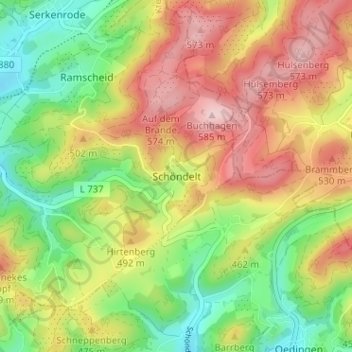 Mapa topográfico Schöndelt, altitud, relieve