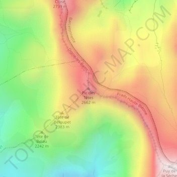 Mapa topográfico Pic des Têtes, altitud, relieve