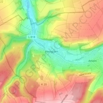 Mapa topográfico Henglarn, altitud, relieve