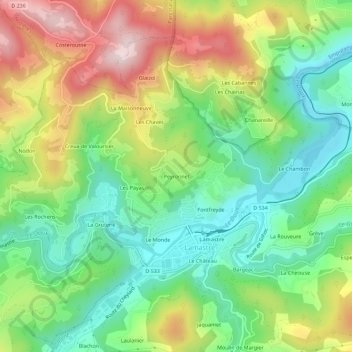 Mapa topográfico Peyronnet, altitud, relieve