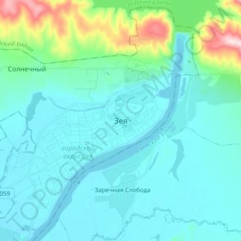 Mapa topográfico Zeya, altitud, relieve