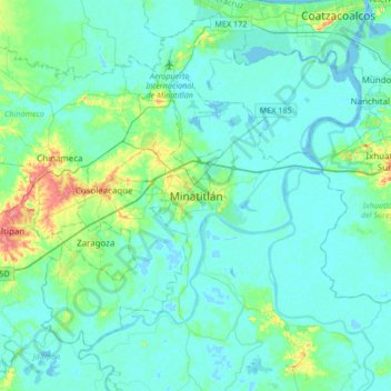 Mapa topográfico Minatitlán, altitud, relieve