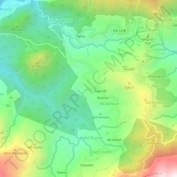 Mapa topográfico Boumraw, altitud, relieve