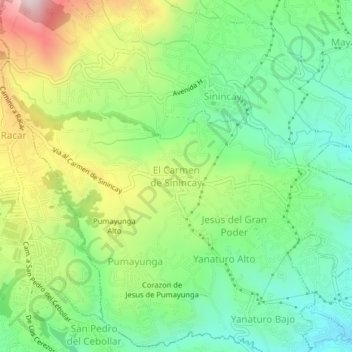 Mapa topográfico El Carmen de Sinincay, altitud, relieve