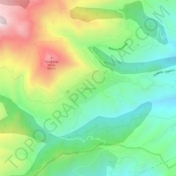 Mapa topográfico Rapsani, altitud, relieve